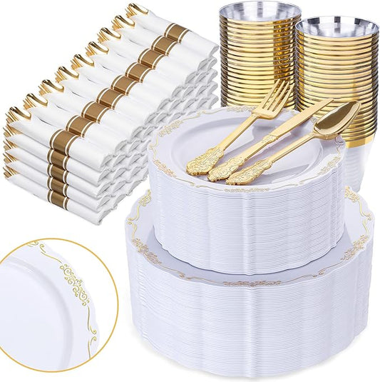 U-QE 350PCS Gold Plastic Plates - Disposable Dinnerware Set for 50 Guests - White and Gold Plates and Napkins Party Supplies include 100 Plate, 150 Silverware, 50 Cups, 50 Napkins for Weddings&Party