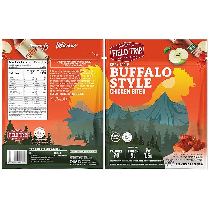 Field Trip Chicken Jerky Bites, All Natural and Gluten Free, Keto and Paleo-Friendly Healthy Snack, Low Calorie, High Protein Snacks with No Nitrates, 2.2oz Bag, 4 Pack, Spicy Buffalo Style