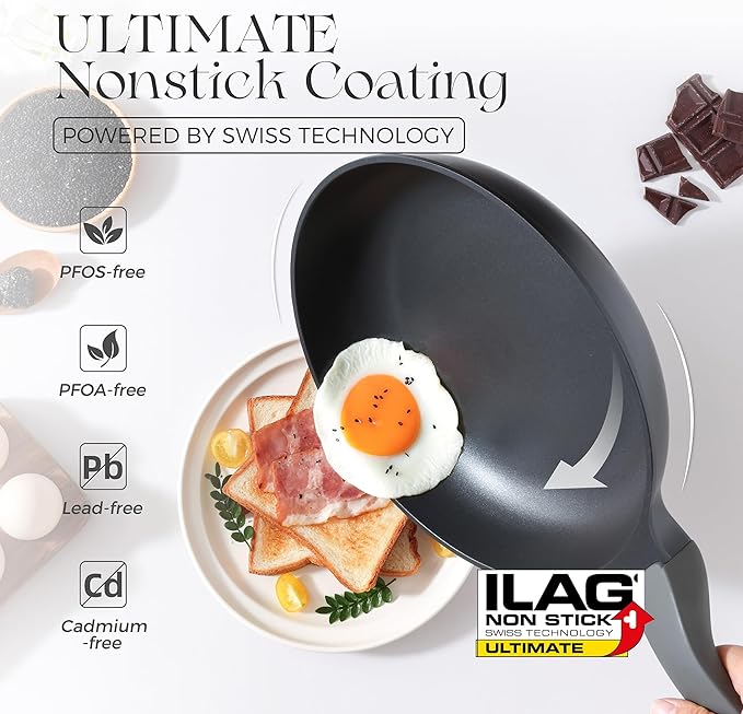 Nonstick Ceramic Frying Pan with Lid, 8/10 Inch Skillet with Stay Cool Handle, Fully Coated, Induction Compatible & Oven Safe, 100% Dishwasher Safe, PTFE & PFOA Free（10 Inch, Black Sesame）