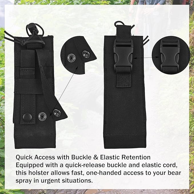 Bear Spray Holster for 7.9, 9.2 & 10.2 oz Canisters – Heavy-Duty Black Nylon Pouch with Quick Release Buckle & Elastic Cord, Secure Fit for Hiking, Camping, Hunting, Outdoor Carry (Spray Not Included)