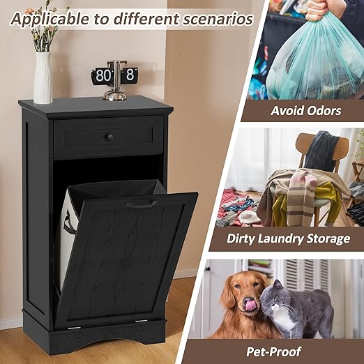 13 Gallons Tilt Out Trash Cabinet Freestanding Kitchen Trash Bin Cabinet Wood Garbage Recycling Cabinet with Hideaway Drawer Pet Proof Trash Can Holder for Kitchen Living Room, Dark Black