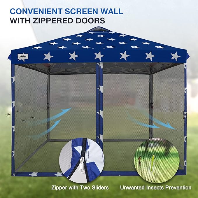 EAGLE PEAK 10x10 Outdoor Easy Pop up Canopy with Netting, Instant Screen Party Tent with Mesh Side Walls, American Flag