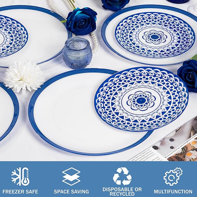 EI 60pcs Blue Plastic Plates Disposable Blue and White Floral Baroque Plastic Plates Fancy Decorative Plate Disposable Heavy Duty with Retro Classic Art Suitable for for Party,Birthday,Wedding
