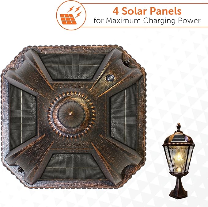 Gama Sonic Outdoor Solar Post Light with Pier Base, Brushed Bronze Finish Aluminum and Rain Glass, Royal Bulb 150 Lumens Warm White LED, Mount on Column or Flat Surface 98B111 Upgraded Panel