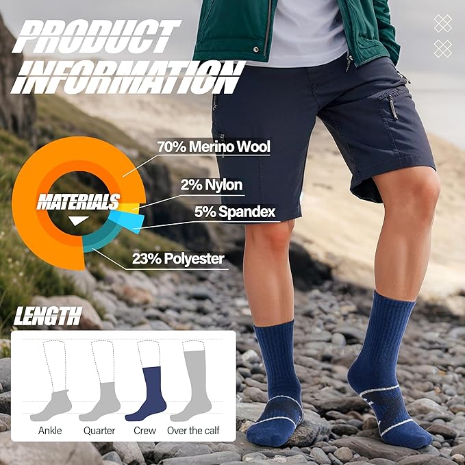 ANTSANG 5 Pairs Merino Wool Hiking Socks for Men & Women Thermal Winter Warm Moisture Wicking Cushion Boot Socks