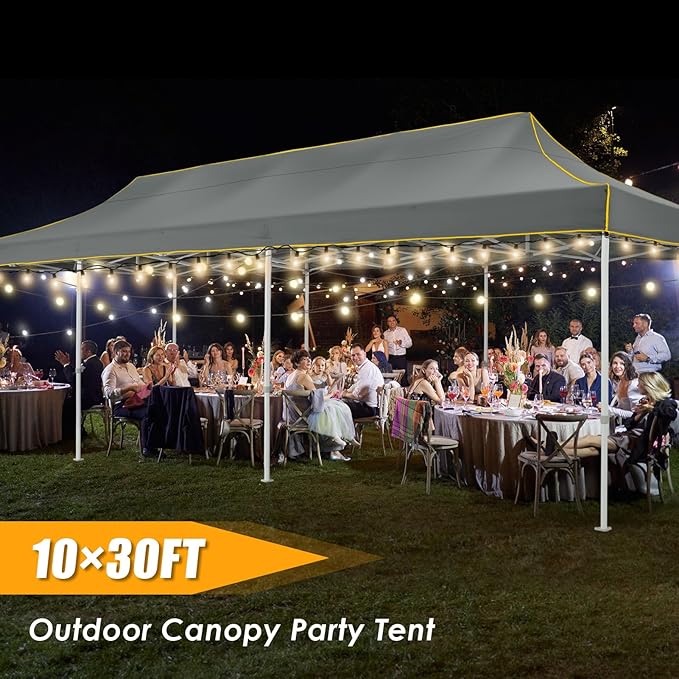 HOTEEL 10x30 Heavy Duty Pop Up Canopy Tent for Parties Event Wedding Commercial Instant Canopy with Wheeled Bag, Party Tent Waterproof UV 50+&Windproof, Upgraded Thick Hexagonal Legs, Gray