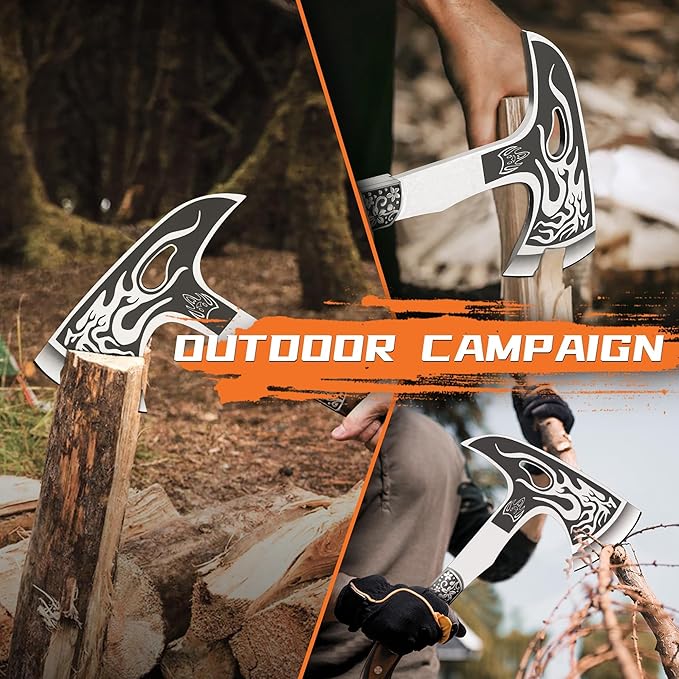 TIVOLI 12.2" Camping Axe, Flame - Patterned Survival Hatchet with Nylon Sheath, High Carbon Steel Blade & Comfortable Ergonomic Wood Grip, Outdoor Bushcraft Axe for Camping, Hiking, Chopping, Hunting