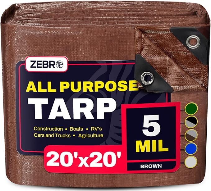 20' x 20' Brown Tarp with Grommets Reinforced - 5 Mil Thick - Durable UV Resistant Plastic Tarps Waterproof - Large Tarpaulin Cover for Outdoor Camping Over/Under Tent Tarp RV Roof Rain - Zebro