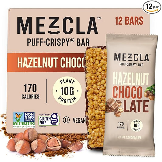 Mezcla Puff Crispy Protein Bars, Gluten Free & Vegan Protein Bars, 10g Protein, Alt for Crispy Rice Treat, Granola Bars & Breakfast Bars, Healthy Snacks for Adults, Hazelnut Chocolate, 12 Pack
