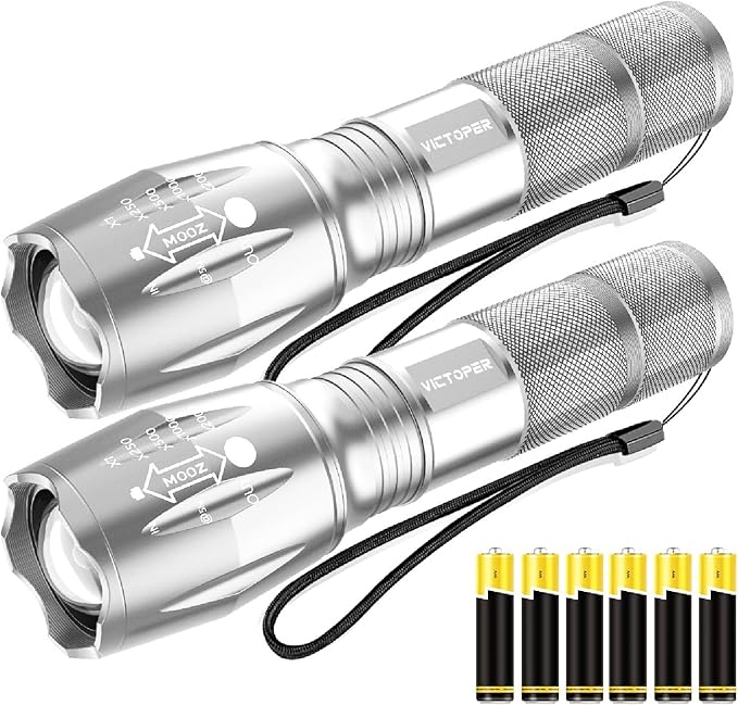 Victoper LED Flashlight 2 Pack Silver, Bright High Lumens Tactical Flashlights High Lumens with 5 Modes, Waterproof Zoomable Flash Light for Outdoor, Gifts for Hunting Camping Essentials Gear