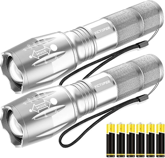 Victoper LED Flashlight 2 Pack Silver, Bright High Lumens Tactical Flashlights High Lumens with 5 Modes, Waterproof Zoomable Flash Light for Outdoor, Gifts for Hunting Camping Essentials Gear