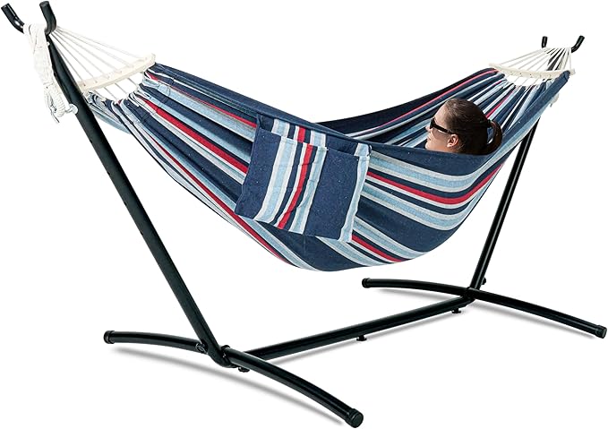 Double Hammock with Stand for Outside, Upgraded Spreader Bar, Heavy Duty Space Saving Steel Stand 2 Person, Convenient Pockets, Easy Assembly, 600lbs Weight Capacity, Indoor & Outdoor (Night)