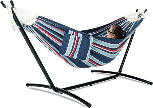 Double Hammock with Stand for Outside, Upgraded Spreader Bar, Heavy Duty Space Saving Steel Stand 2 Person, Convenient Pockets, Easy Assembly, 600lbs Weight Capacity, Indoor & Outdoor (Night)