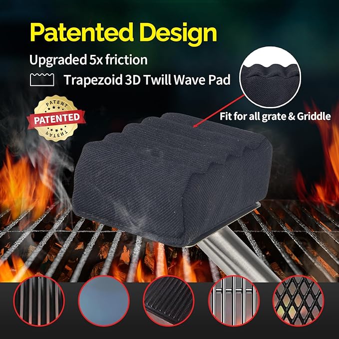 Grill Brush Bristle Free,Upgraded Aramid Fiber Wavy Pad Perfect for Cast Iron Grates/Porcelain/Weber Gas/Charcoal Grill,Replaceable Cleaning Head,Safe Grill Brush for Outdoor Grill