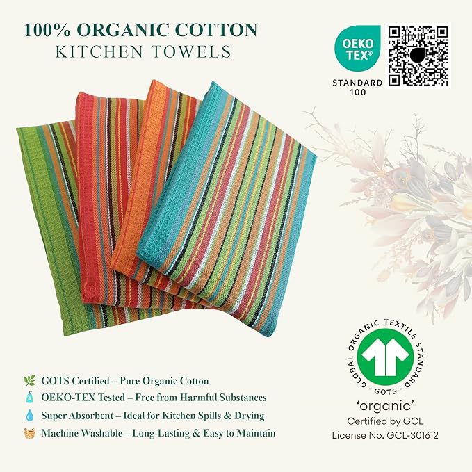DG Collections Salsa Stripe Kitchen Dish Towels, 100% Cotton, Highly Absorbent, Multi Purpose Waffle Tea Towels for Cooking, Drying & Cleaning, 16x28 Inches, Pack of 12