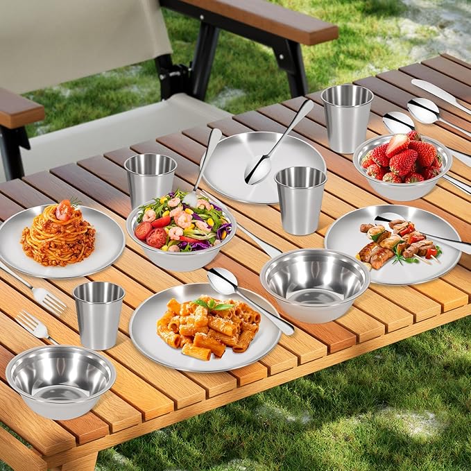 REDCAMP Stainless Steel Camping Mess Kit, Camping Dishes Set for 4, Camp Plate Set with Bowls Plates Cups Forks Spoons, for Backpacking, Outdoor Backpacking Hiking and Picnic