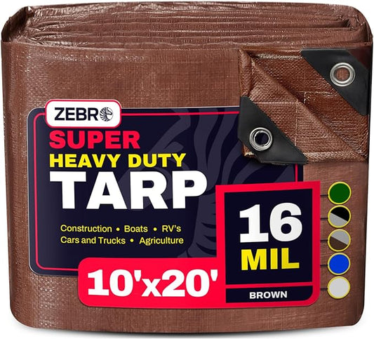 10' x 20' Brown Heavy Duty Tarp with Grommets Reinforced - 16 Mil Thick - Double Sided Plastic Tarps Waterproof - Large Tarpaulin Cover for Outdoor Camping Over/Under Tent Tarp RV Roof Rain - Zebro