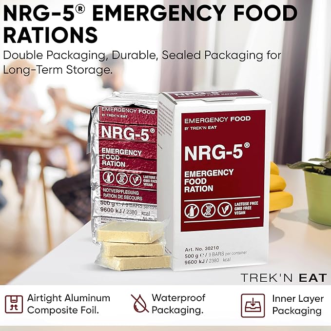 Katadyn NRG-5 Emergency Food Ration 500g Pack of 24 (216 Bars) Ready to Eat 2380 kcal per Pack, Vegan, Lactose-Free, GMO-Free | Long-Term Survival, Emergency Preparedness & Outdoor Adventure Food Bars
