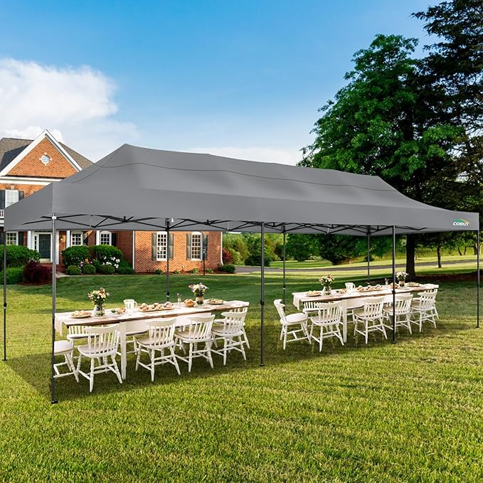 COBIZI 10x30 Pop up Canopy, Heavy Duty Outdoor Party Tents for Parties, Ez up UPF 50+ Waterproof Commercial Canopy with Wheeled Bag can fold, Gray(Windproof Upgraded)