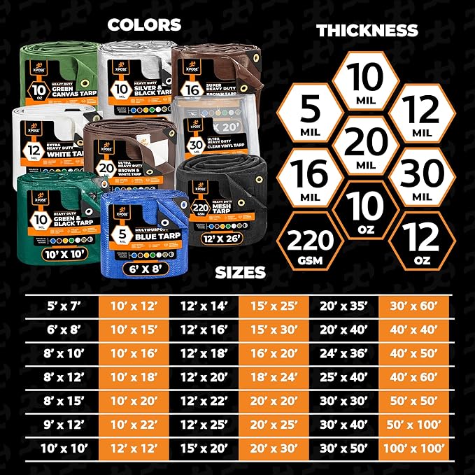 xpose safety 10' x 12' Brown/White Ultra Heavy Duty Tarp - 20 Mil Tarps Heavy Duty Waterproof 10x12 - Large Outdoor Tarp,Waterproof Tarp Cover Rain Camping,Tent Tarp,UV Protection,Reinforced Corners