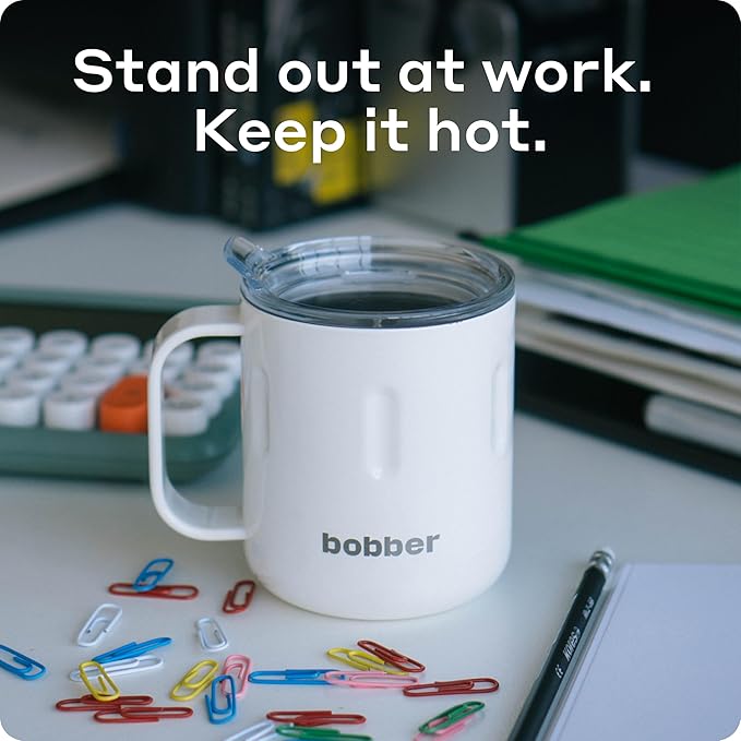 BOBBER 10 oz Insulated Tea Cup with Lid & Handle – Stainless Steel Tea Thermos Cup for Hot and Cold Drinks – Double Walled, & Reusable Travel Mug for Office (White)