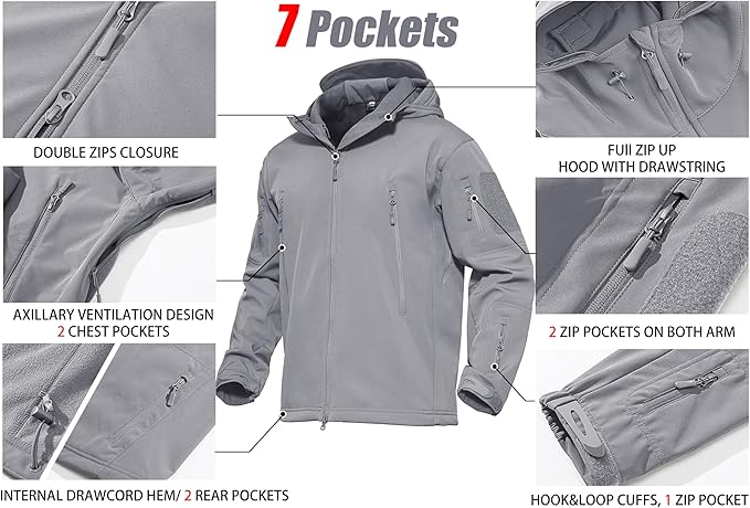 MAGCOMSEN Men's Tactical Jacket 7 Pockets Performance Fleece Lined Water Resistant Ski Snow Soft Shell Winter Coats