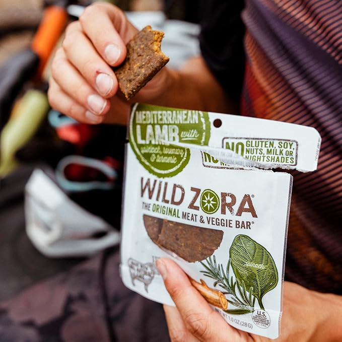 Wild Zora Meat & Veggie Bars, Mediterranean Lamb, 10-Pack, 100% Grass Fed Lamb, Healthy Jerky Paleo Snacks, AIP Friendly, Gluten Free, Soy Free, High Protein, No Added Sweetener, Lamb Jerky Snacks