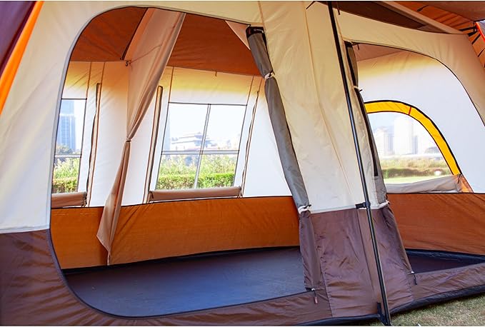 KTT Extra Large Tent 6-10-12-14 Person(A),Family Cabin Tents,2 Rooms,3 Doors and 3 Windows with Mesh,Straight Wall,Waterproof,Double Layer,Big Tent for Outdoor,Picnic,Camping,Family Gathering