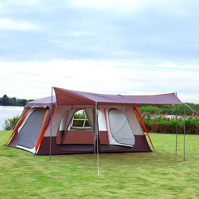 KTT Extra Large Tent 12 Person(A),Awning Family Cabin Tents,2 Rooms,3 Doors and 3 Windows with Mesh,Straight Wall,Waterproof,Double Layer,Big Tent for Outdoor,Picnic,Camping,Family Gathering。
