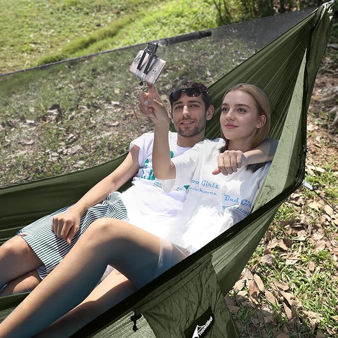Camping Hammock with Mosquito Net and Ridge Rope, Extra Large for 2 Person, Lightweight Hanging Hammocks Tree Straps, All-in-one Fast Open Hammock for Outside, Hiking, and Travel