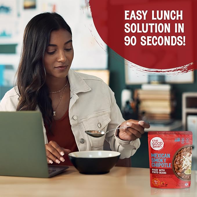 The Good Bean Heat and Eat Pouch - Mexican Smoky Chipotle - (4 Pack) 10 oz Pouch - Simmered Pinto Beans with Chipotle Chilies - Pre-Cooked Beans with Good Source of Plant Protein and Fiber
