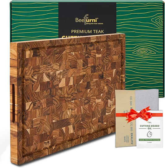 BEEFURNI Teak Wood End Grain Cutting Board (XL, 24x17x1.5"), Extra Large Wooden Cutting Boards for Kitchen, Serving & Charcuterie Boards, Premium Wood Cutting Board, Christmas Gifts, 1-Year Warranty