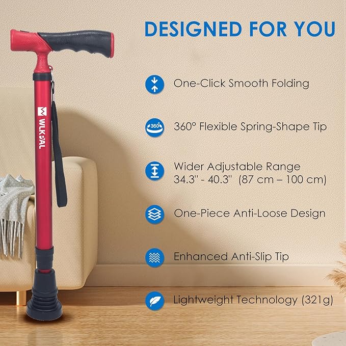 One-Button Telescopic Folding Walking Cane (Anchor Series) – Like an Umbrella | Compact, Lightweight & Travel-Friendly Folding Cane, Adjustable, All-Terrain Tips, Elegant Muted Tones