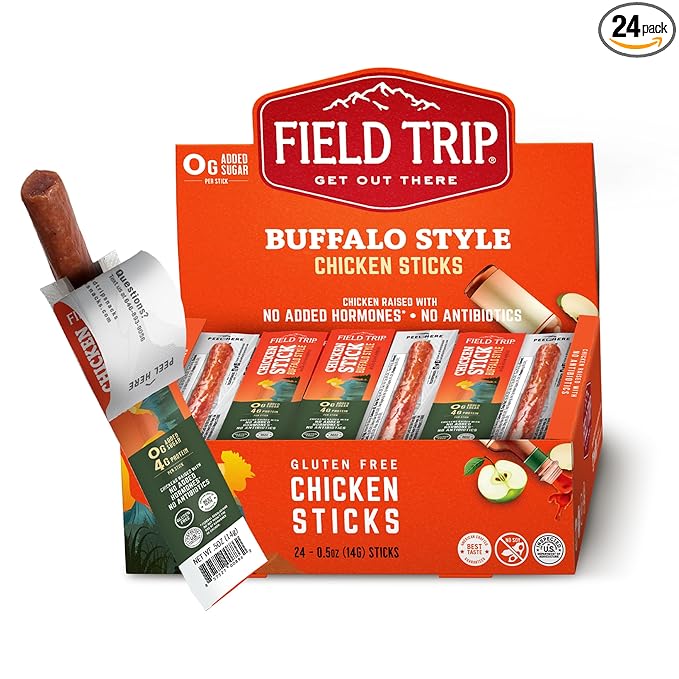 Field Trip Hormone Free Spicy Buffalo Chicken Jerky Snack Sticks, Zero Sugar, Keto, Paleo, Gluten Free, Allergy Friendly Snack, High Protein, 25 Calorie Snack, 0.5oz, 24 Pack
