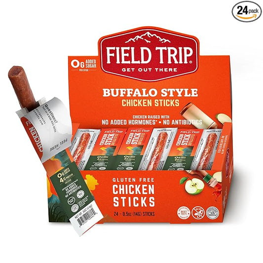 Field Trip Hormone Free Spicy Buffalo Chicken Jerky Snack Sticks, Zero Sugar, Keto, Paleo, Gluten Free, Allergy Friendly Snack, High Protein, 25 Calorie Snack, 0.5oz, 24 Pack