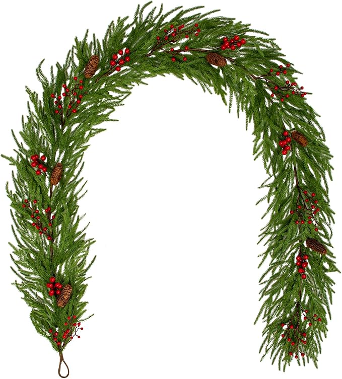 Hollyone 9FT Norfolk Pine Garland Real Touch Winter Pine Garland with Red Berry Christmas Garlands Artificial Greenery for Table Mantle Wall Indoor Outdoor Mantle Holiday Christmas Home Decor