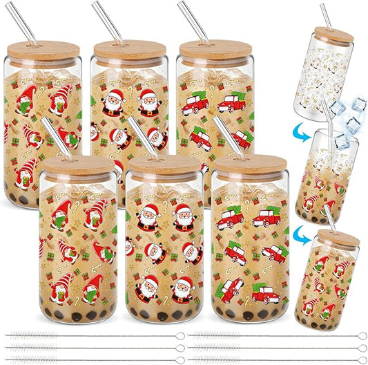 6 Pcs Christmas Gifts 16 oz Color Changing Cups with Lids and Straws Bulk Christmas Glass Iced Coffee Cups Holiday Can Shape Tumbler for Xmas Winter Party Favors Decor Gift (Red Green Pattern)