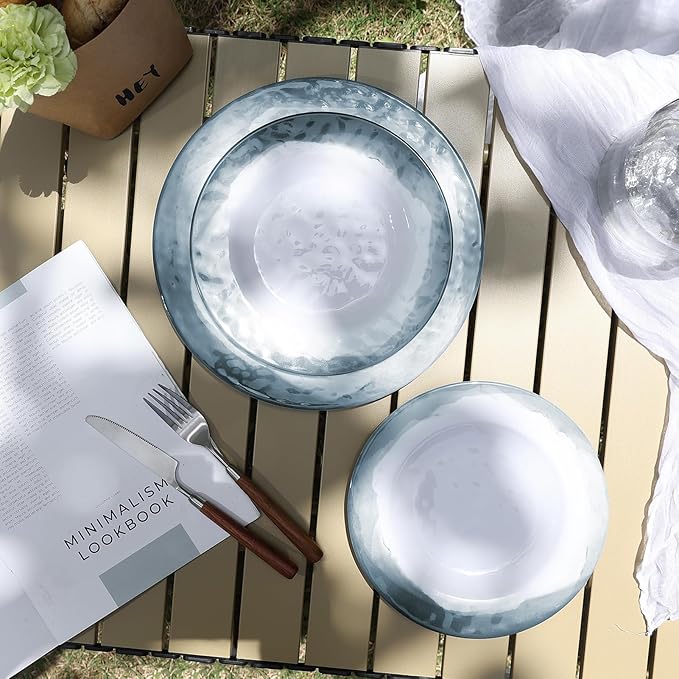 Melamine Dinnerware Sets-12 Pieces Outdoor Plates and Bowls Set for 4, Durable Dinner Plates for Camping Picnics Party, Chip Resistant Dishes, Grey Blue, Dishwasher Safe