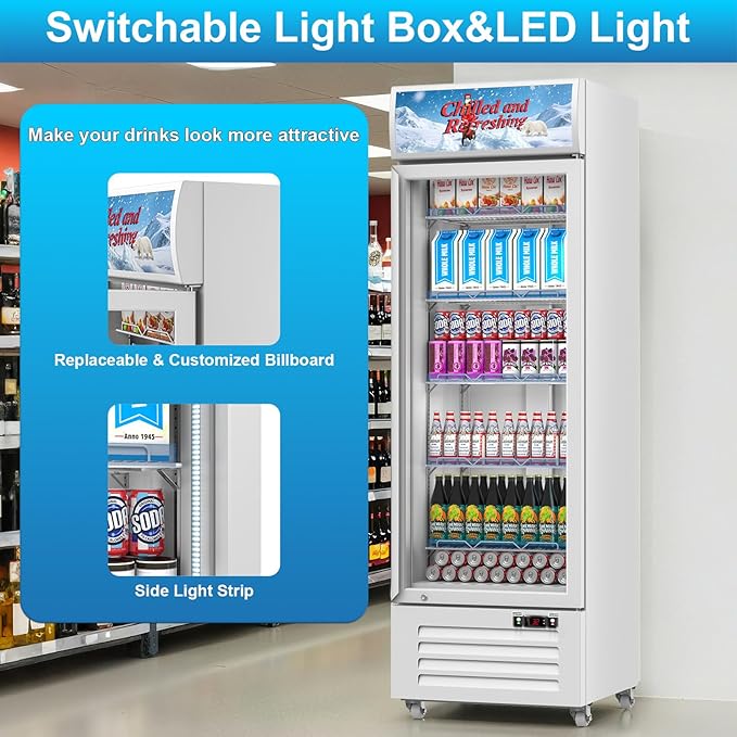 Commercial Beverage Refrigerator with Glass Door, 383L Display Fridge Beverage Cooler with Customizable Lightbox Adjustable Shelves, Drink Fridge Merchandiser for Restaurant Shop, White