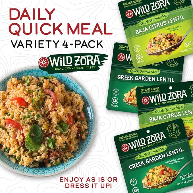 Wild Zora Instant Organic Quinoa Meals - Quick & Tasty Prepared Quinoa Bowls, Pantry Staples Gluten-Free Meal with Lentils Plus 10g Olive Oil Packet - Vegan Variety Sampler (4-Pack)