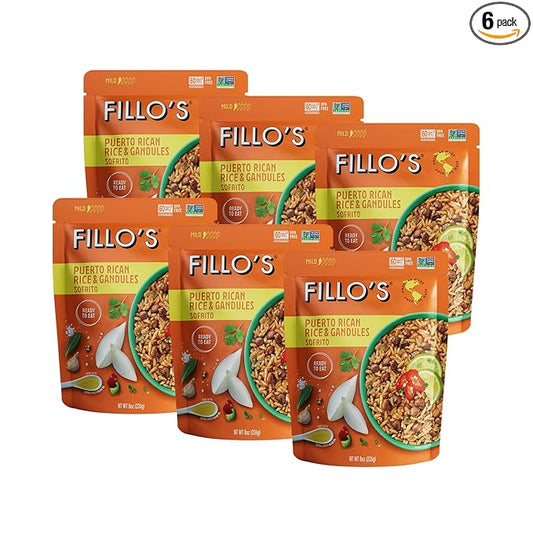 Fillo's Puerto Rican Rice And Gandules - Ready To Eat Rice With Beans, Gluten-Free, Preservative-Free, Microwavable Meals, Non-GMO, Vegan, Plant Protein, 8 oz Pk of 6