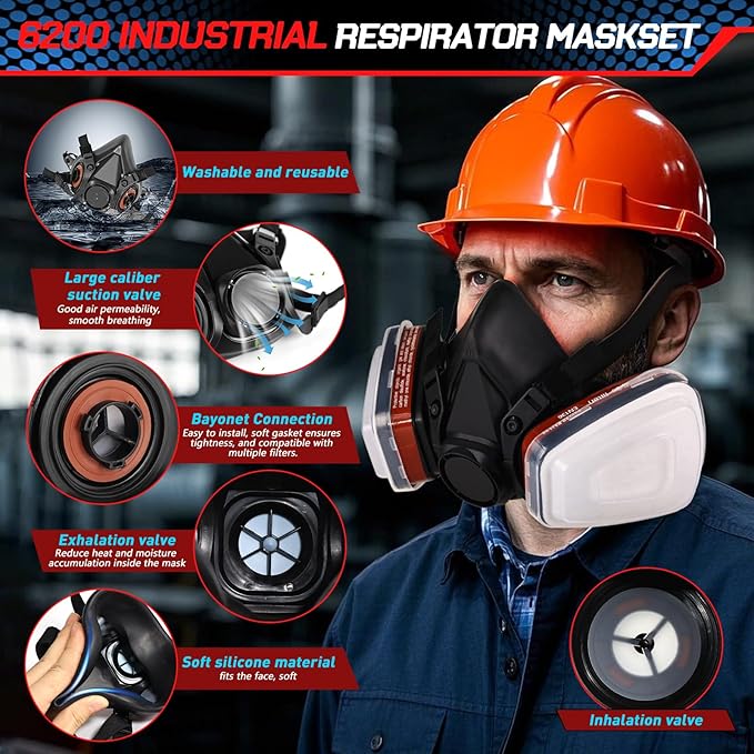 Half Facepiece Respirator Mask with Filters - Gas Mask for Chemicals, Paint, Dust, Formaldehyde, Sanding, Polishing, Woodworking, Organic Vapors, Epoxy Resin (Black)