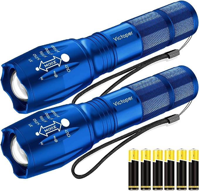 Victoper LED Flashlight 2 Pack Blue, Bright High Lumens Tactical Flashlights High Lumens with 5 Modes, Waterproof Zoomable Flash Light for Outdoor, Gifts for Father's Day Camping Essentials Gear