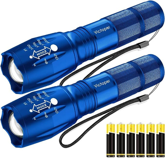 Victoper LED Flashlight 2 Pack Blue, Bright High Lumens Tactical Flashlights High Lumens with 5 Modes, Waterproof Zoomable Flash Light for Outdoor, Gifts for Father's Day Camping Essentials Gear