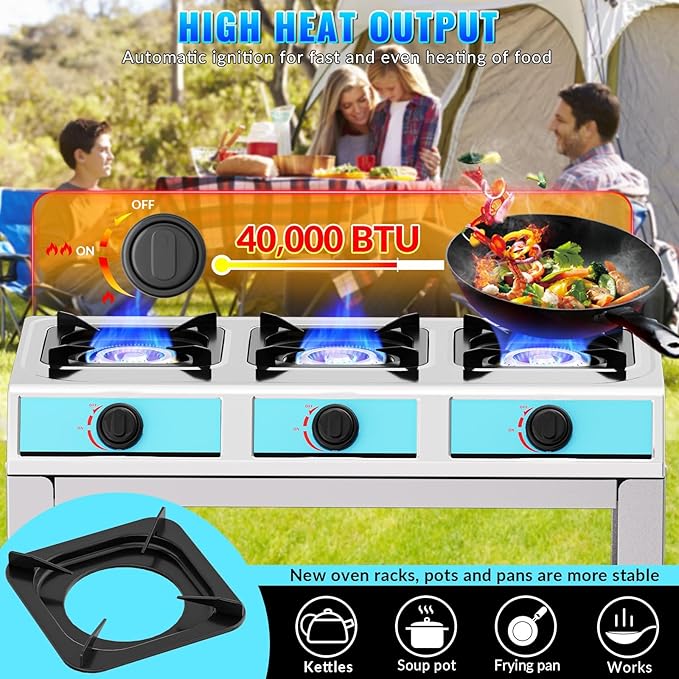 3 Burner Propane Gas Stove,40000BTU Portable Gas Stove with Support Leg Stand and Adapter Auto Ignition Camping Stove,propane burner for RV, Apartment, Outdoor Cooking