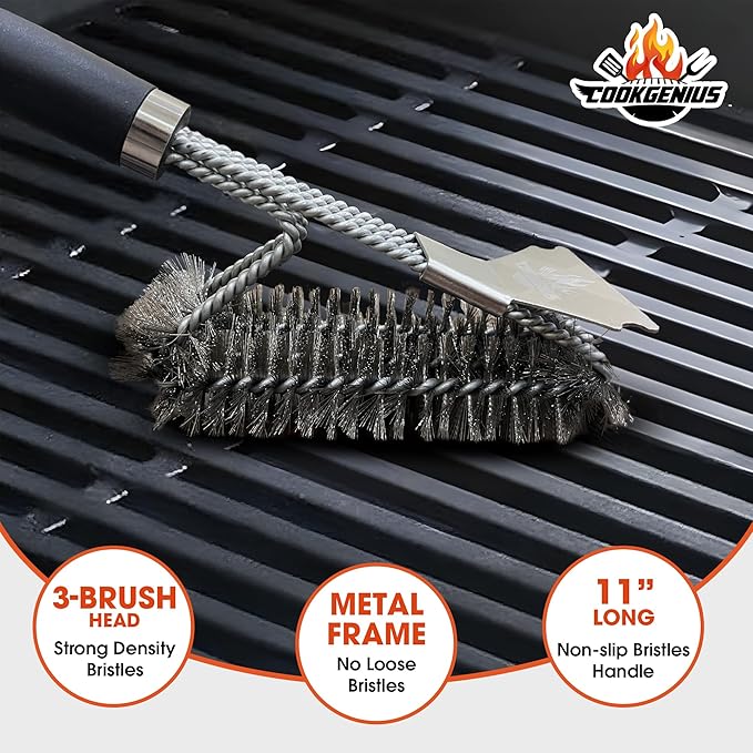 CockGenius Grill Brush with Scraper for BBQ Grills – 18 Inch Long Handle BBQ Grill Cleaner for Outdoor Grill, Extra Strong BBQ Grill Cleaner for Grill/Smoker/Gas/Charcoal Grill - Best BBQ Grill Tool