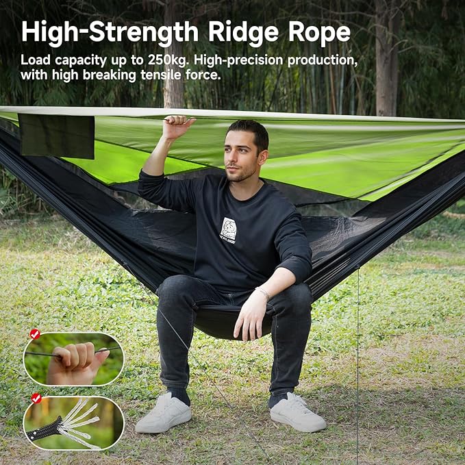 Camping Hammock with Mosquito Net and Sunshade, Backpacking Hammock with Ridge Rope Tree Straps, Lightweight Portable Hammocks for Outside, Hiking, and Travel