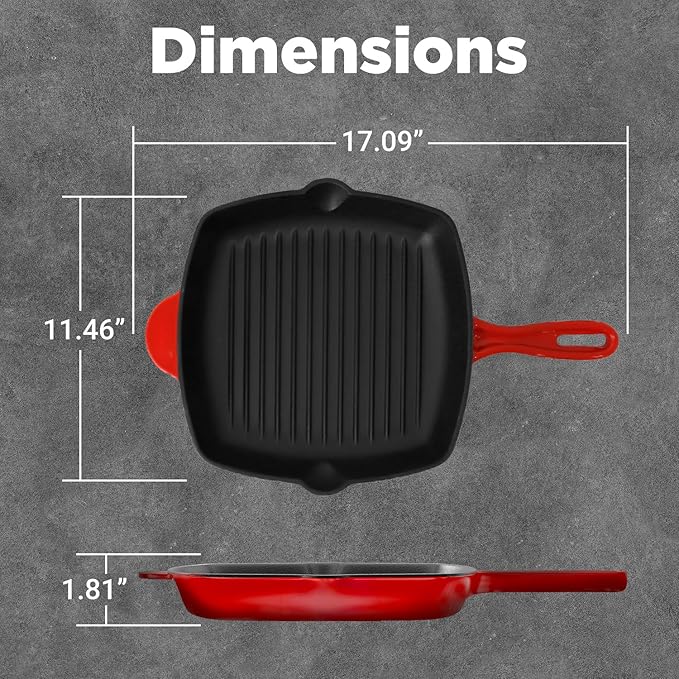NutriChef 11" Enameled Cast Iron Steak Grill Pan - Square Skillet with Drip Spout, For All Cooktops, Perfect Grill Marks - NCCIES47