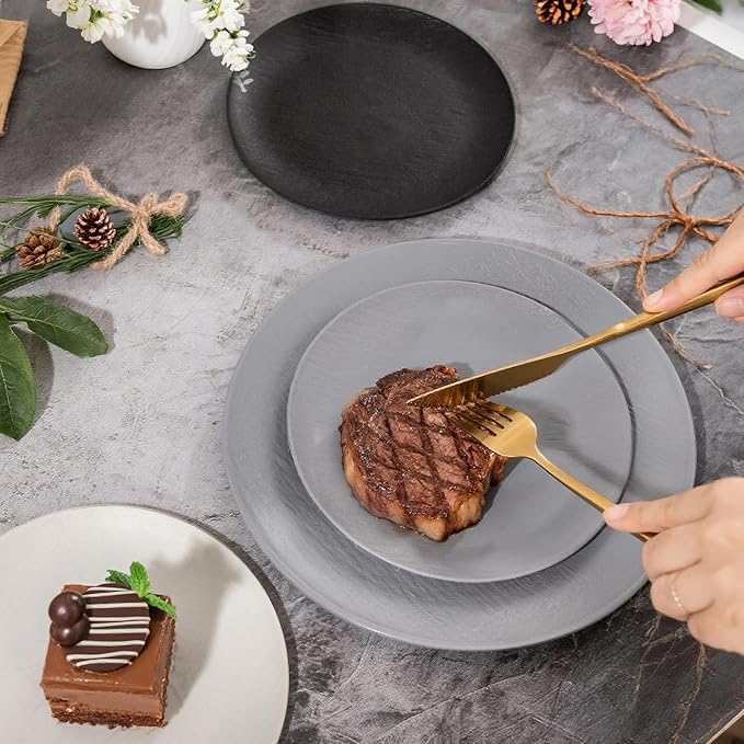 WONDERFUL 32pcs Dark Grey Plastic Plates Reusable Plates Halloween Plates Unbreakable and Dishwasher safe Dishes Set Outdoor Plate Includes:16 Dinner 10" & 16 Dessert Plate 7.3" Suitable for Camping