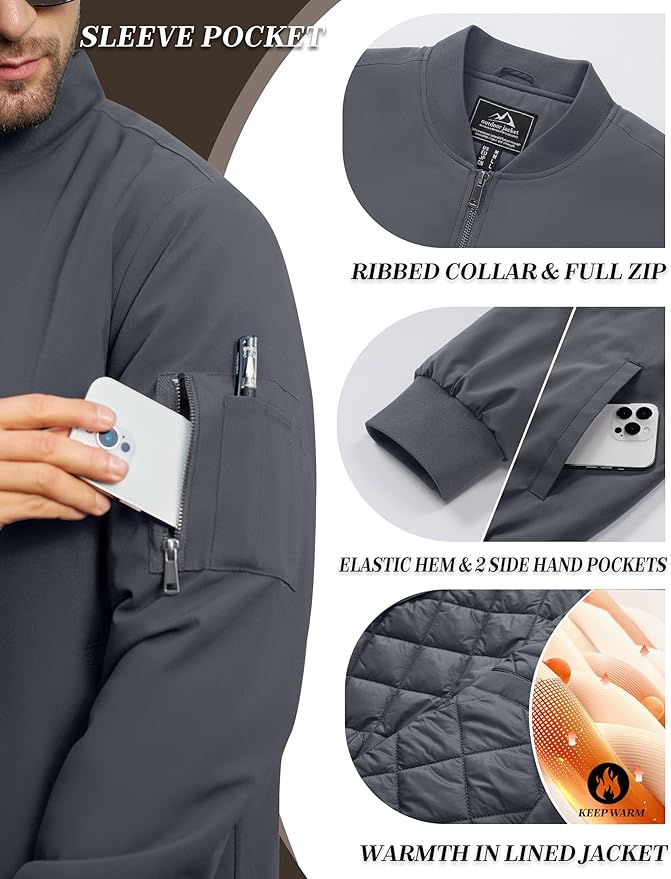 Cotrasen Mens Bomber Jacket Fall Winter Warm Windbreaker Casual Full Zip Padded Coats with Pockets